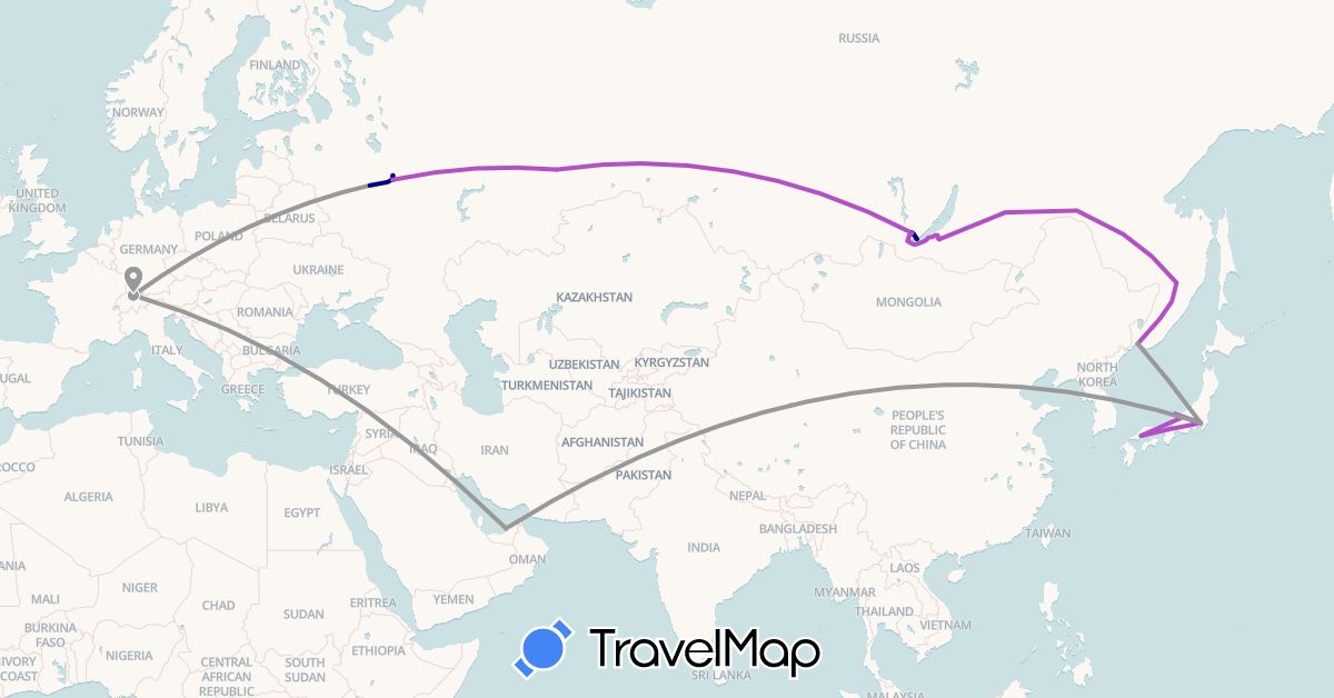 TravelMap itinerary: driving, plane, train in United Arab Emirates, Switzerland, Japan, Russia (Asia, Europe)